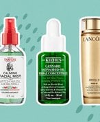 Picture of the Thayers Natural Remedies Calming Facial Mist, Kiehl’s Cannabis Sativa Seed Oil Herbal Concentrate Face Oil and Lancôme Absolue Rose 80 Toner on a green graphic background