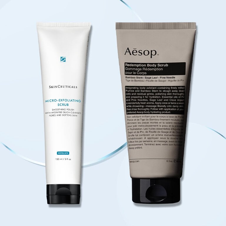 Bottle of SkinCeuticals Micro-Exfoliating Scrub and bottle of Aēsop Redemption Body Scrub against a blue background with a serum swatch across it