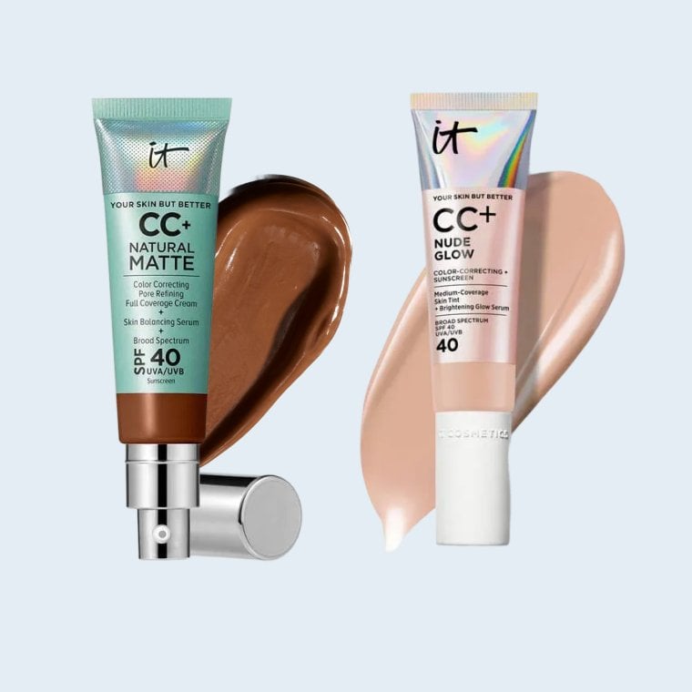 2026_MDC_TintedMoisturizer_CCCream IT Cosmetics CC Cream on a blue background