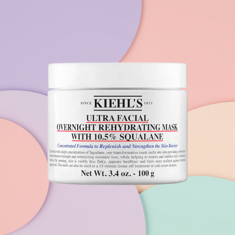 2026_SDC_BestFaceMasks_KiehlsOvernightRehydratingMask Bottle of Kiehl’s Ultra Facial Overnight Rehydrating Mask with 10% Squalane on a textured background