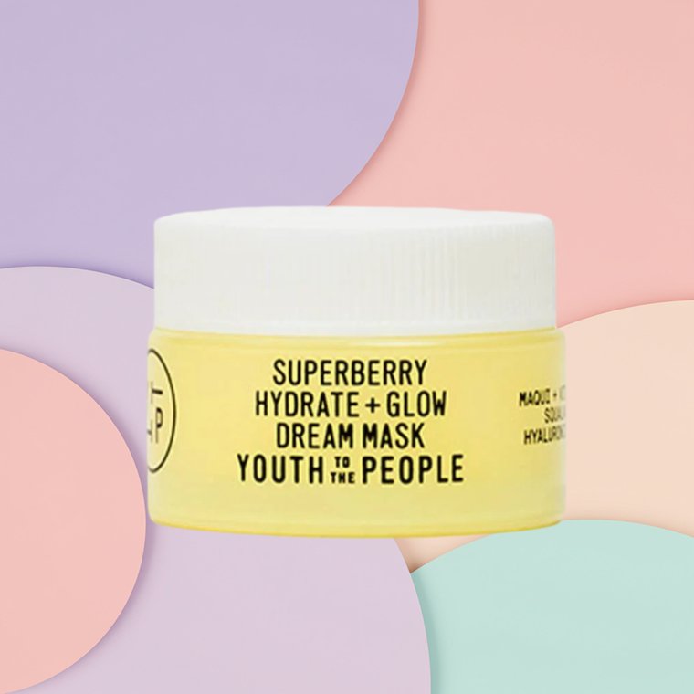 2026_SDC_BestFaceMasks_YouthtothePeopleSuperberryDreamMask Bottle of Youth to the People Superberry Hydrate + Glow Dream Mask on a textured background