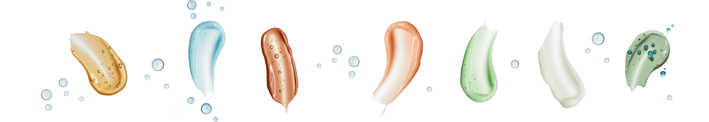 Swipes of skincare product and bubbles on a white background